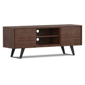 TV Stand, 63 in Wide, Solid Acacia Wood in Distressed Charcoal Brown