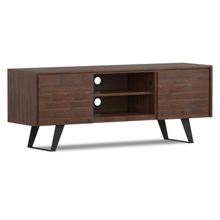 TV Stand, 63 in Wide, Solid Acacia Wood in Distressed Charcoal Brown