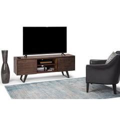 TV Stand, 63 in Wide, Solid Acacia Wood in Distressed Charcoal Brown