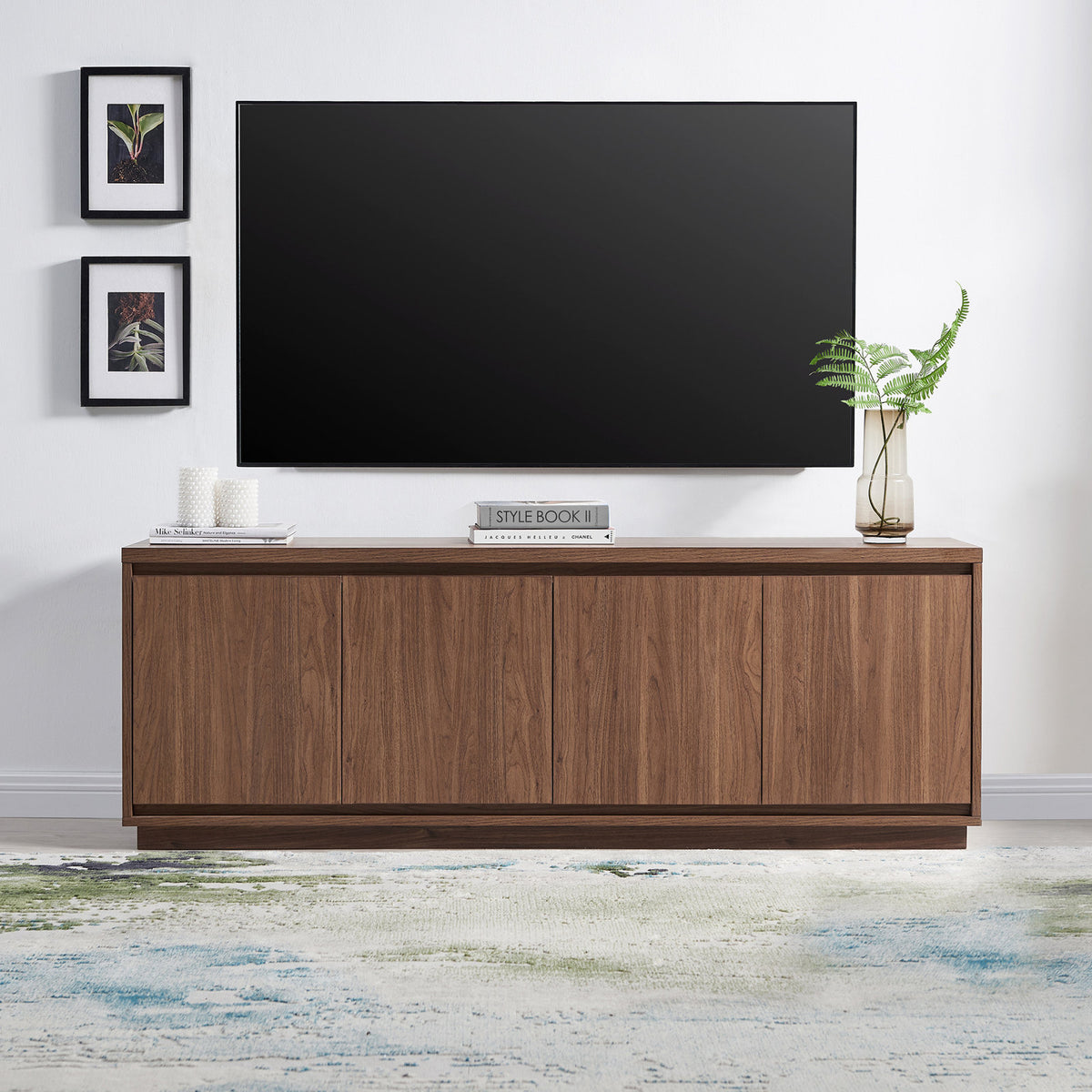 TV Stand, 68 in Wide, Satin Walnut Manufactured Wood with 2 Cabinets
