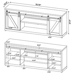 TV Stand, 70.75 in Wide, Sliding Barn Doors in Gray Driftwood