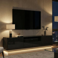 TV Stand, 70.8 in W, Black Solid and Manufactured Wood with Four Drawers