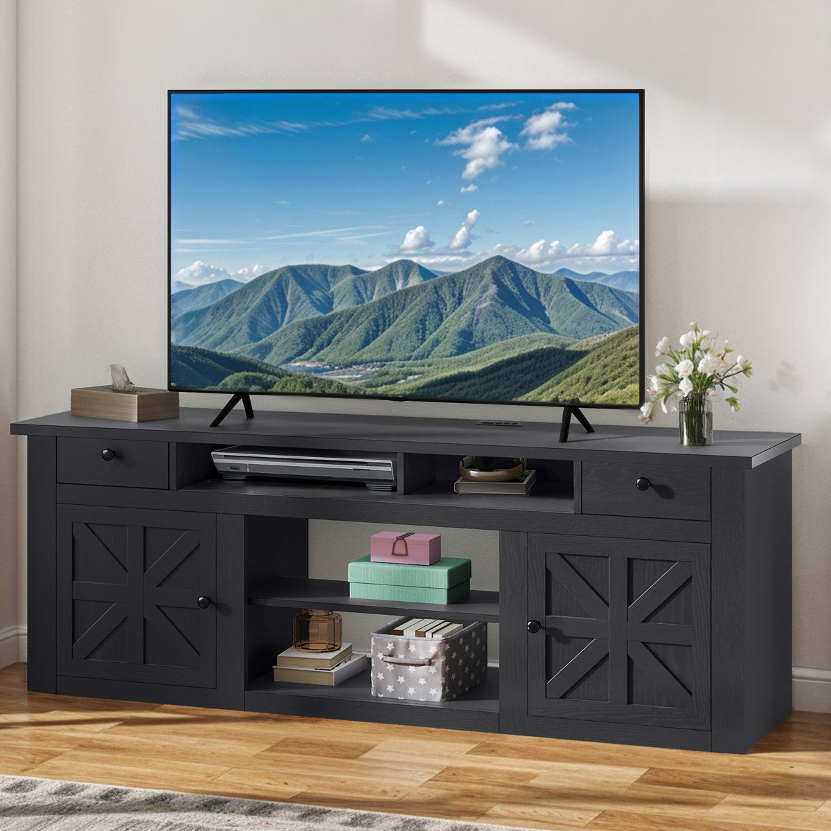TV Stand, 70 in W, Manufactured Wood in Black