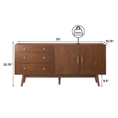 TV Stand, 70 in W, Walnut with Three Drawers and Two Doors