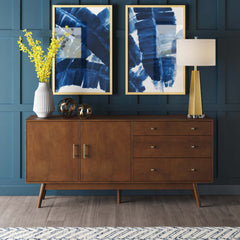 TV Stand, 70 in W, Walnut with Three Drawers and Two Doors