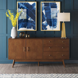 TV Stand, 70 in W, Walnut with Three Drawers and Two Doors