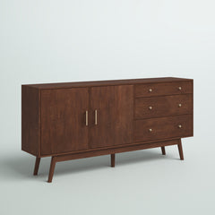 TV Stand, 70 in W, Walnut with Three Drawers and Two Doors