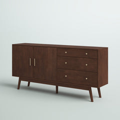 TV Stand, 70 in W, Walnut with Three Drawers and Two Doors