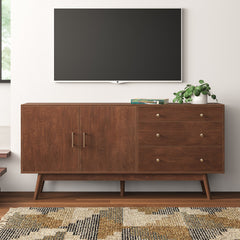 TV Stand, 70 in W, Walnut with Three Drawers and Two Doors