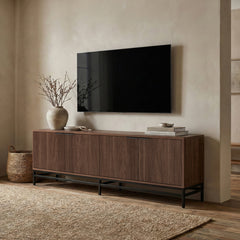 TV Stand, 70 in Wide, Black Grain with Fluted Doors