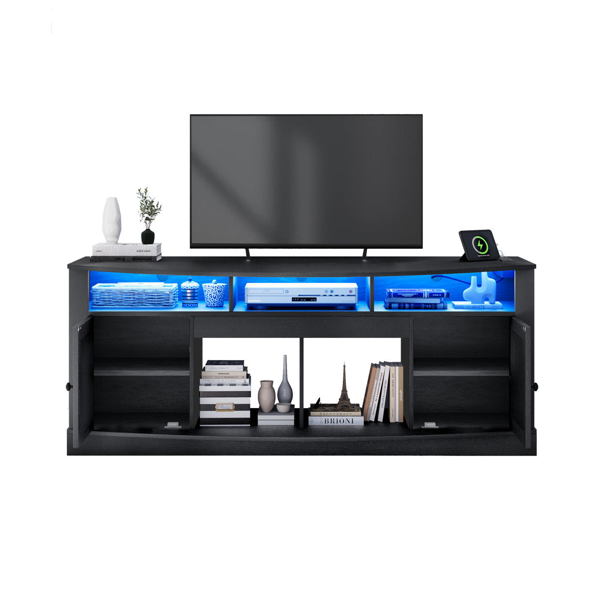 TV Stand, 70 in Wide, Black Manufactured Wood with Cabinets