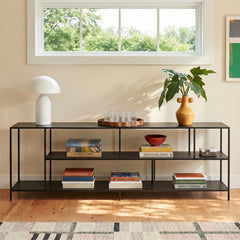 TV Stand, 70 in Wide, Black Steel with Open Shelving