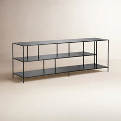 TV Stand, 70 in Wide, Black Steel with Open Shelving