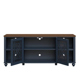 TV Stand, 70 in Wide Manufactured Wood with Glass Doors, Navy