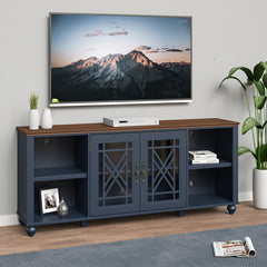 TV Stand, 70 in Wide Manufactured Wood with Glass Doors, Navy
