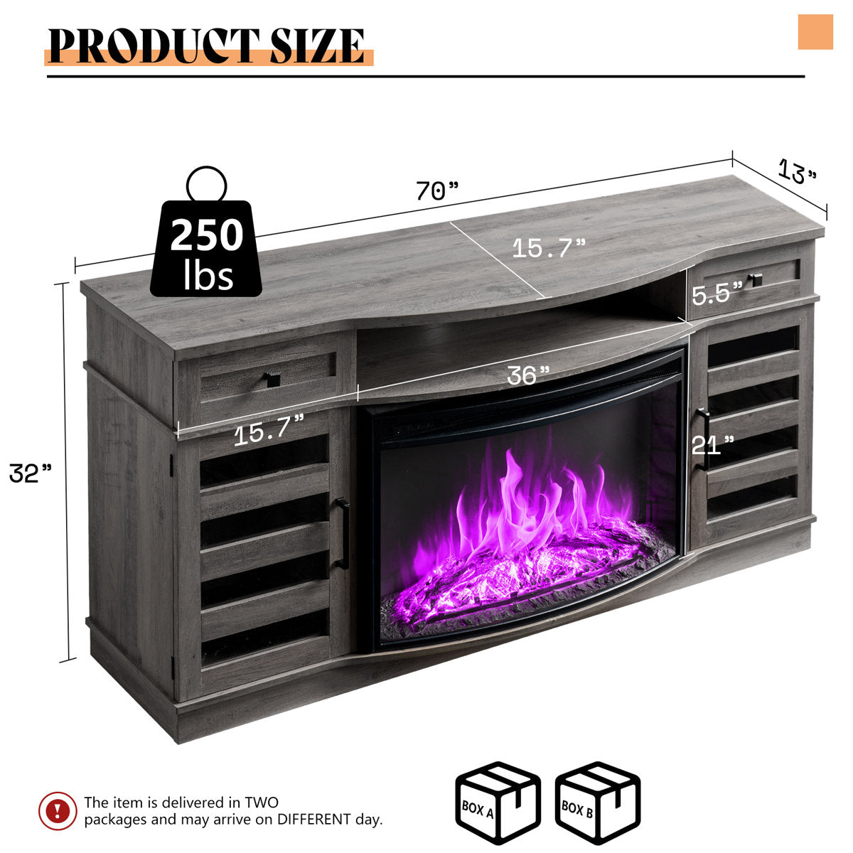 TV Stand, 70 in Wide with Electric Flame, Washed Gray
