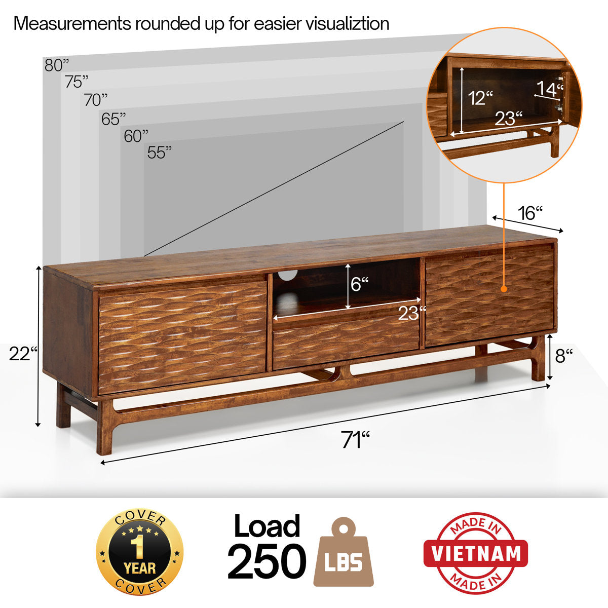 TV Stand, 71 in W, Solid Hevea Wood in Walnut