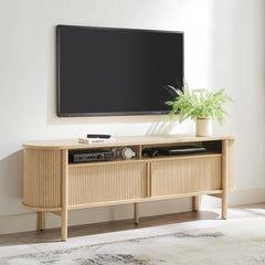 TV Stand, 71 in Wide, Brown Wood with Sliding Doors
