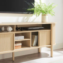 TV Stand, 71 in Wide, Brown Wood with Sliding Doors