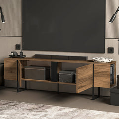 TV Stand, 71-Inch Wide, Black and Brown Wood