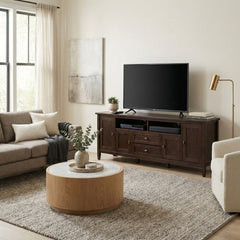 TV Stand, 72 in Wide, Solid Wood with Adjustable Shelves