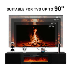 TV Stand, 80 Inch, Black with Electric Fireplace