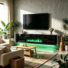TV Stand, 80 Inch, Black with Electric Fireplace