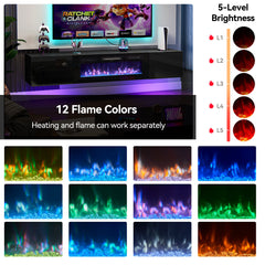 TV Stand, 80 Inch, Black with Electric Fireplace