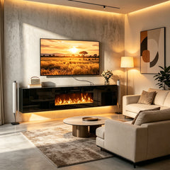 TV Stand, 80 Inch, Black with Electric Fireplace