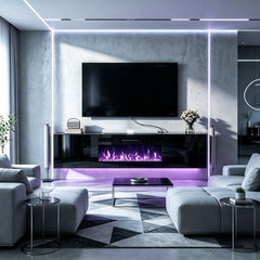 TV Stand, 80 Inch, Black with Electric Fireplace
