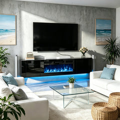 TV Stand, 80 Inch, Black with Electric Fireplace