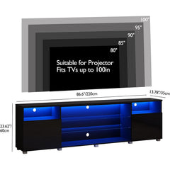TV Stand, 86.6 in W, Black with Glass Shelves