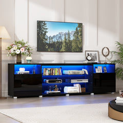 TV Stand, 86.6 in W, Black with Glass Shelves