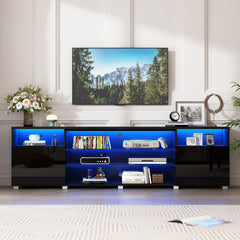 TV Stand, 86.6 in W, Black with Glass Shelves