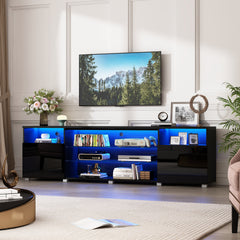 TV Stand, 86.6 in W, Black with Glass Shelves