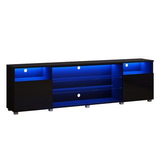 TV Stand, 86.6 in W, Black with Glass Shelves
