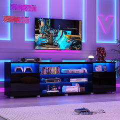 TV Stand, 86.6 in W, Black with Glass Shelves
