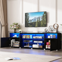 TV Stand, 86.6 in W, Black with Glass Shelves