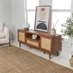 TV Stand Console, 59 Inches Wide, Walnut with Rattan Accents