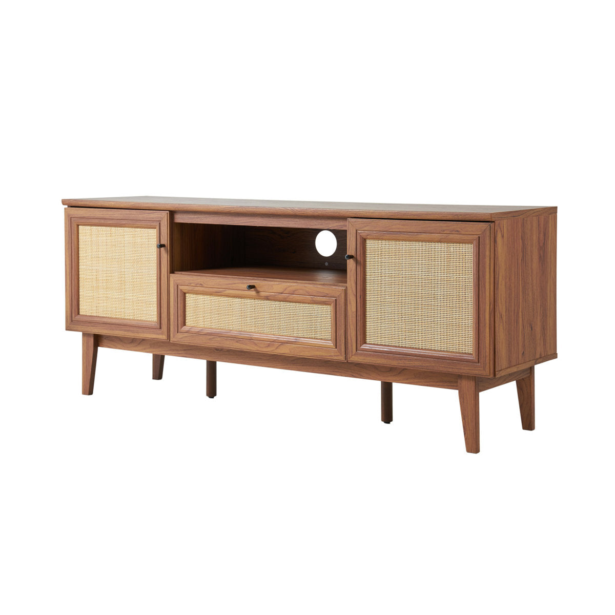 TV Stand Console, 59 Inches Wide, Walnut with Rattan Accents