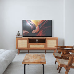 TV Stand Console, 59 Inches Wide, Walnut with Rattan Accents