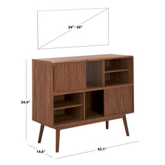 TV Stand Credenza, Solid Wood, Brown with Slatted Sliding Doors