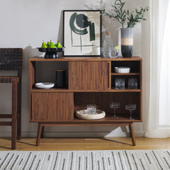 TV Stand Credenza, Solid Wood, Brown with Slatted Sliding Doors