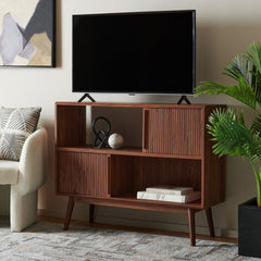 TV Stand Credenza, Solid Wood, Brown with Slatted Sliding Doors