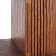 TV Stand Credenza, Solid Wood, Brown with Slatted Sliding Doors