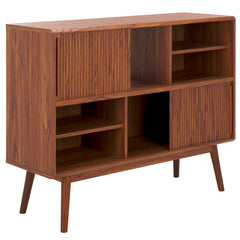 TV Stand Credenza, Solid Wood, Brown with Slatted Sliding Doors