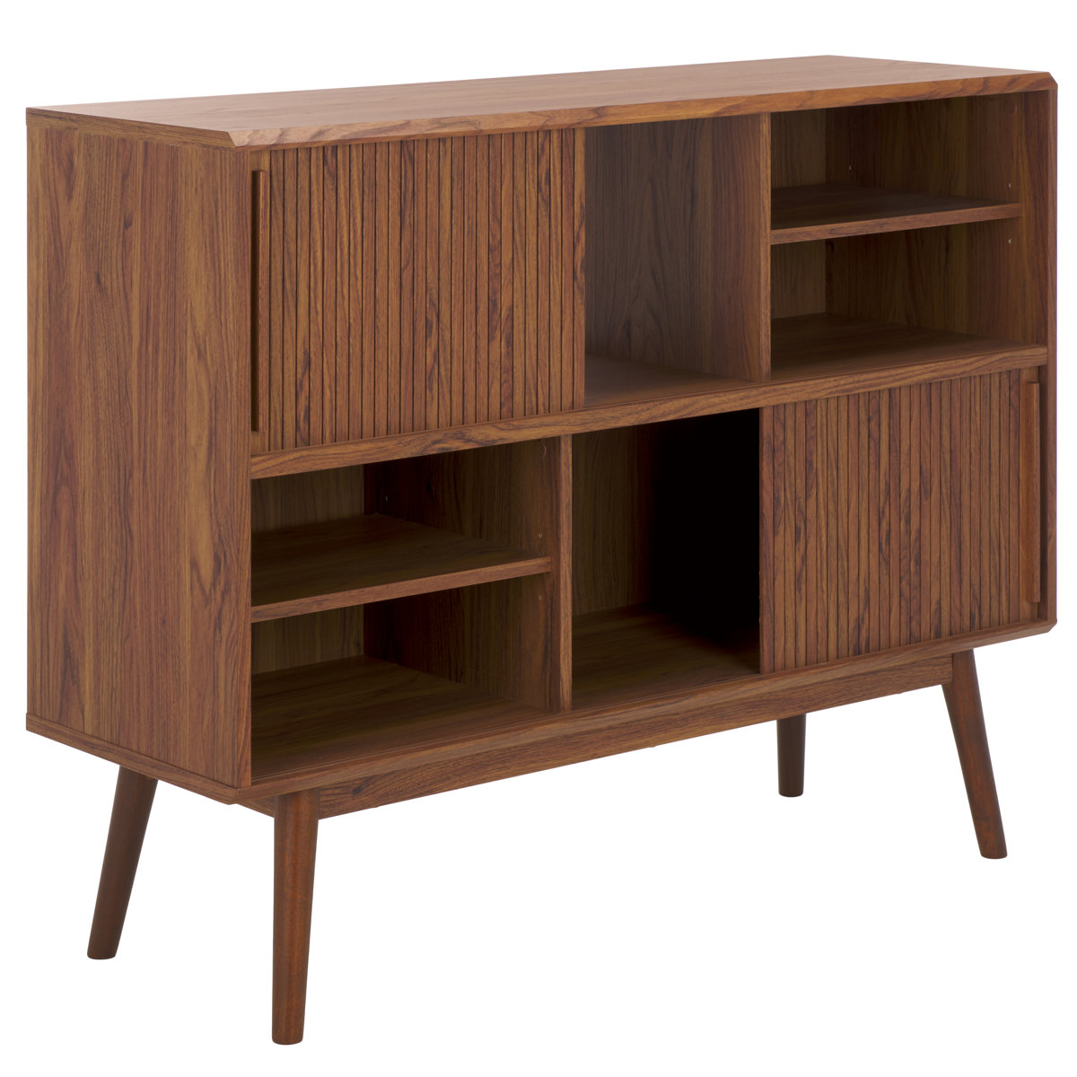 TV Stand Credenza, Solid Wood, Brown with Slatted Sliding Doors