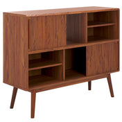 TV Stand Credenza, Solid Wood, Brown with Slatted Sliding Doors