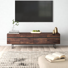 TV Stand, Fits TVs Up to 78 In, Dark Brown Wood, Black Metal Base