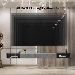 TV Stand, Floating Mount, Dark Gray Wood with Cable Holes